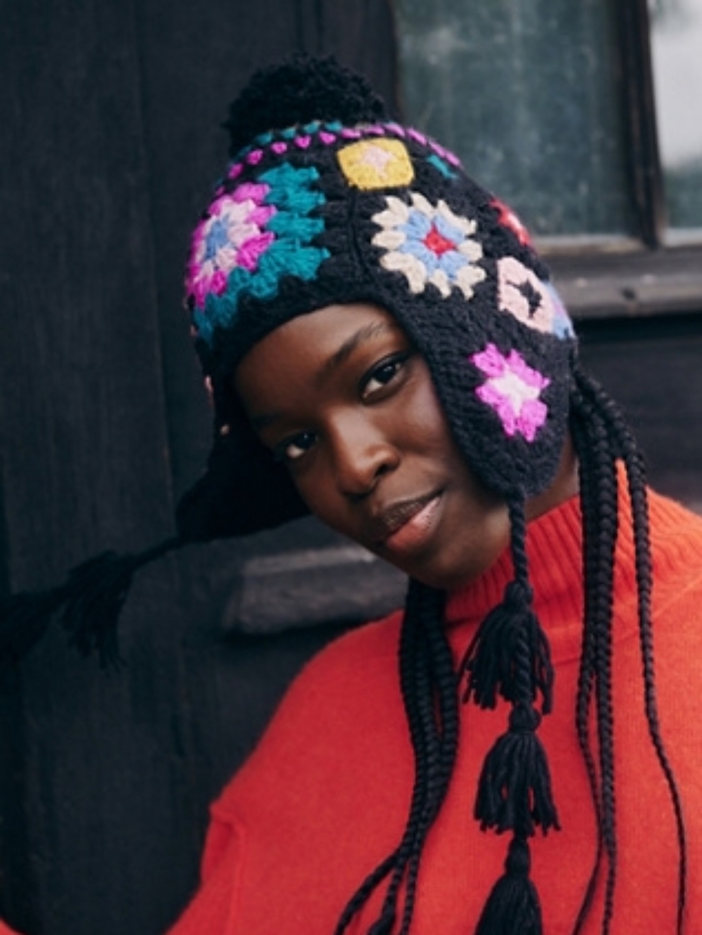 French Knot x Free People Woodstock Granny Square Knit Trapper Tassel Hat